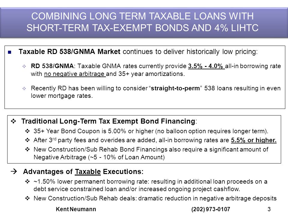 COMBINING LONG TERM TAXABLE LOANS WITH SHORT-TERM TAX-EXEMPT BONDS AND 4% LIHTC COMBINING LONG TERM TAXABLE LOANS WITH SHORT-TERM TAX-EXEMPT BONDS AND 4% LIHTC Taxable RD 538/GNMA Market continues to deliver historically low pricing:  RD 538/GNMA: Taxable GNMA rates currently provide 3.5% - 4.0% all-in borrowing rate with no negative arbitrage and 35+ year amortizations.