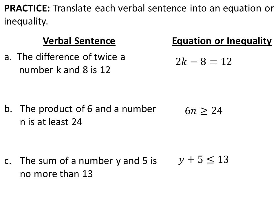 Today In Algebra 1 Warm Up Writing Expressions Learning Practice Translate Each Verbal Sentence Into An Equation Or Inequality