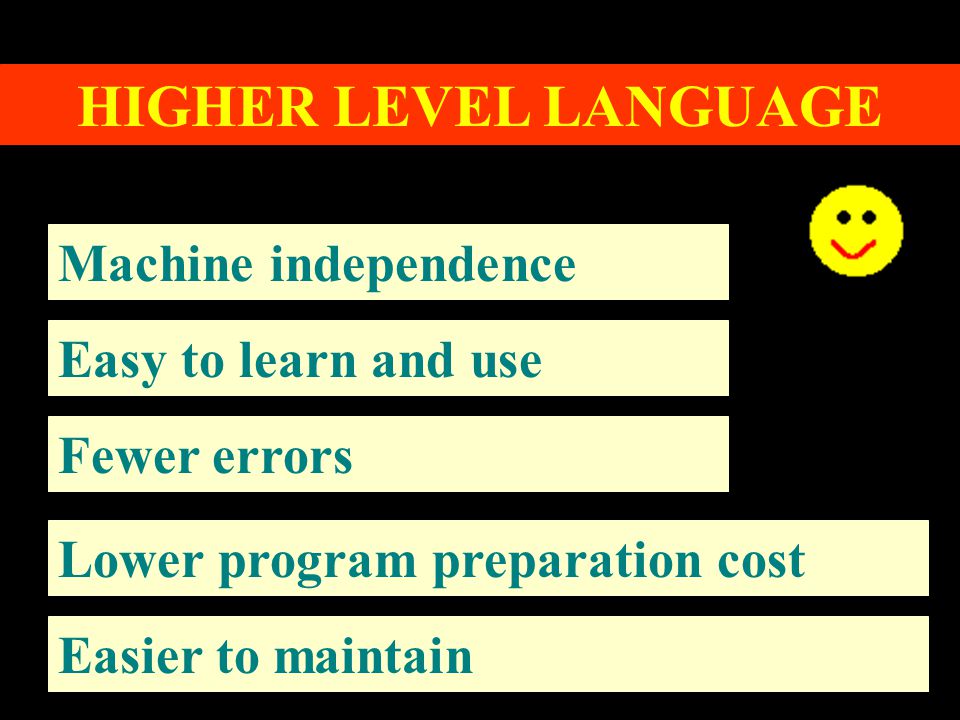 HIGHER LEVEL LANGUAGE Machine independence Easy to learn and use Fewer errors Lower program preparation cost Easier to maintain