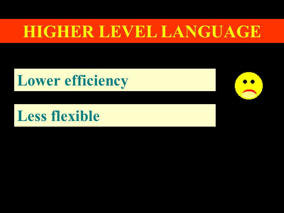 HIGHER LEVEL LANGUAGE Lower efficiency Less flexible