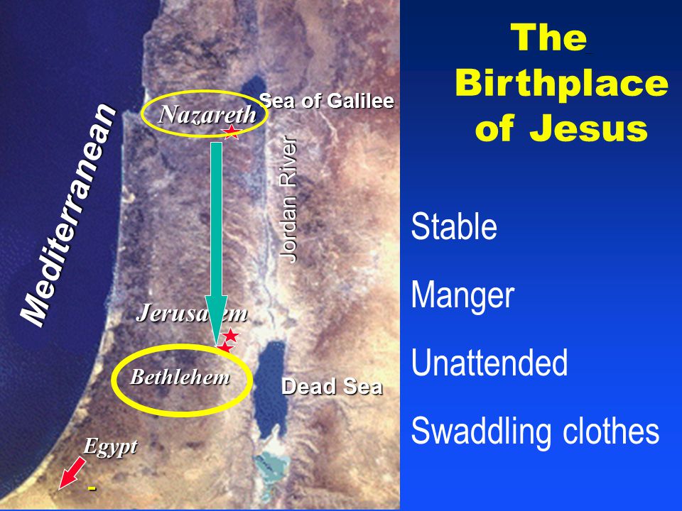 The Birthplace of Jesus Nazareth Egypt Jerusalem Bethlehem Sea of Galilee Dead Sea Jordan River Mediterranean Childhood of Jesus Stable Manger Unattended Swaddling clothes