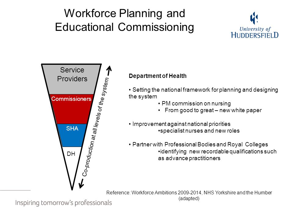 Service Providers Commissioners SHA DH Co-production at all levels of the system Department of Health Setting the national framework for planning and designing the system PM commission on nursing From good to great – new white paper Improvement against national priorities specialist nurses and new roles Partner with Professional Bodies and Royal Colleges identifying new recordable qualifications such as advance practitioners Workforce Planning and Educational Commissioning Reference: Workforce Ambitions , NHS Yorkshire and the Humber (adapted)
