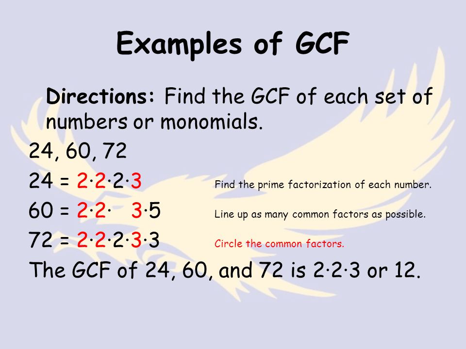 Examples of GCF Directions: Find the GCF of each set of numbers or monomials.