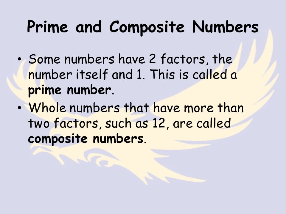 Prime and Composite Numbers Some numbers have 2 factors, the number itself and 1.