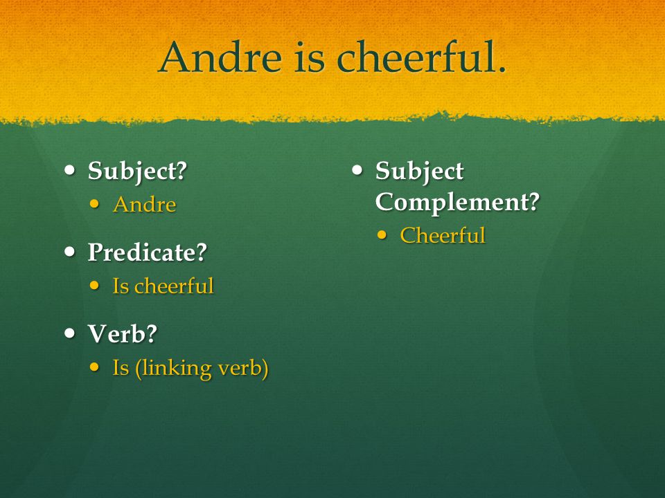 Andre is cheerful. Subject. Subject. Andre Andre Predicate.