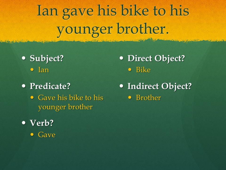 Ian gave his bike to his younger brother. Subject.