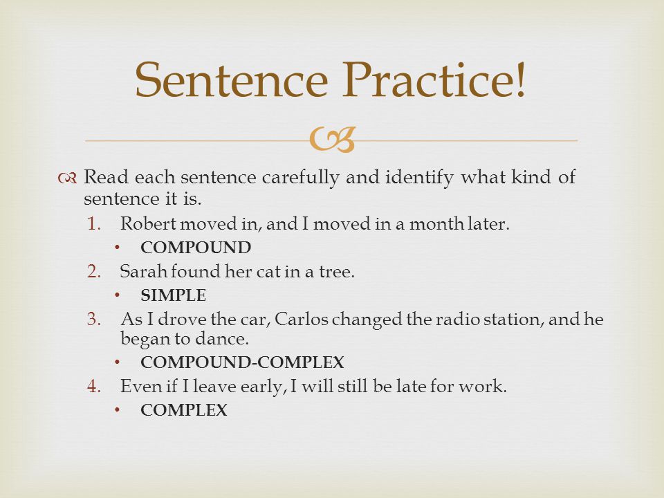   Read each sentence carefully and identify what kind of sentence it is.