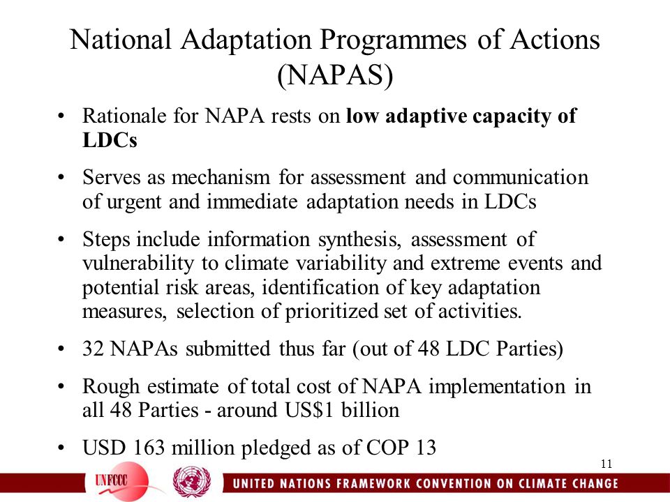 11 National Adaptation Programmes of Actions (NAPAS) Rationale for NAPA rests on low adaptive capacity of LDCs Serves as mechanism for assessment and communication of urgent and immediate adaptation needs in LDCs Steps include information synthesis, assessment of vulnerability to climate variability and extreme events and potential risk areas, identification of key adaptation measures, selection of prioritized set of activities.