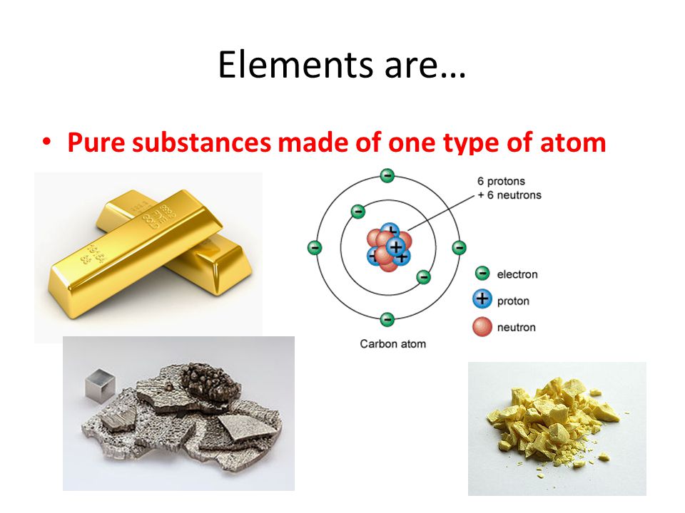 Elements are… Pure substances made of one type of atom