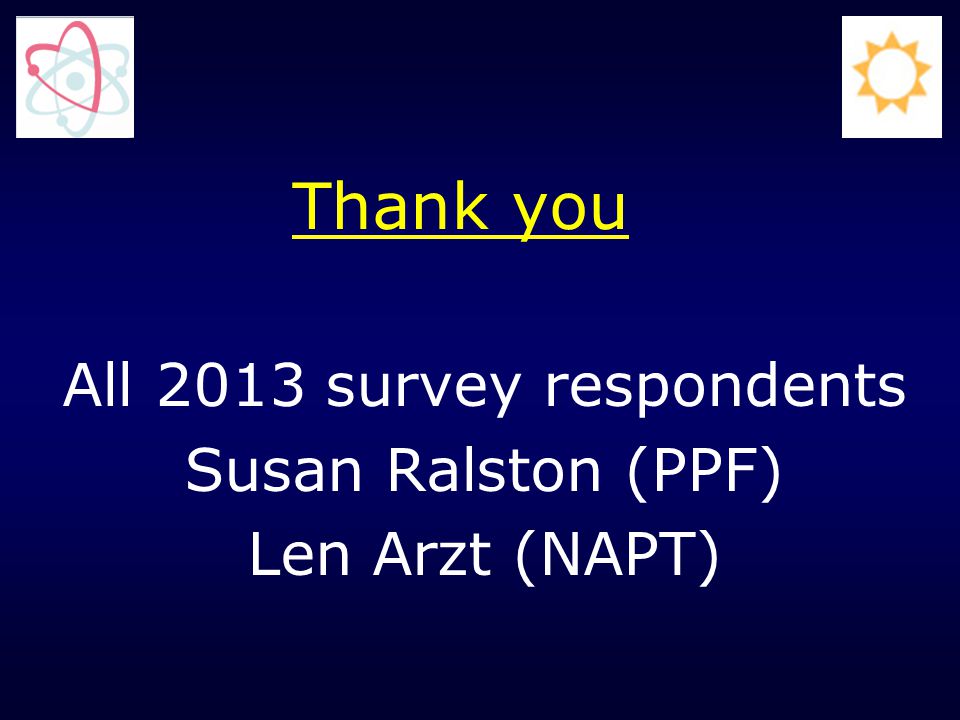 Thank you All 2013 survey respondents Susan Ralston (PPF) Len Arzt (NAPT)