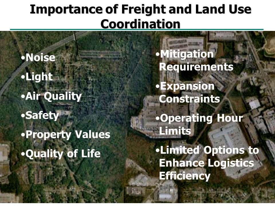 Importance of Freight and Land Use Coordination Noise Light Air Quality Safety Property Values Quality of Life Mitigation Requirements Expansion Constraints Operating Hour Limits Limited Options to Enhance Logistics Efficiency