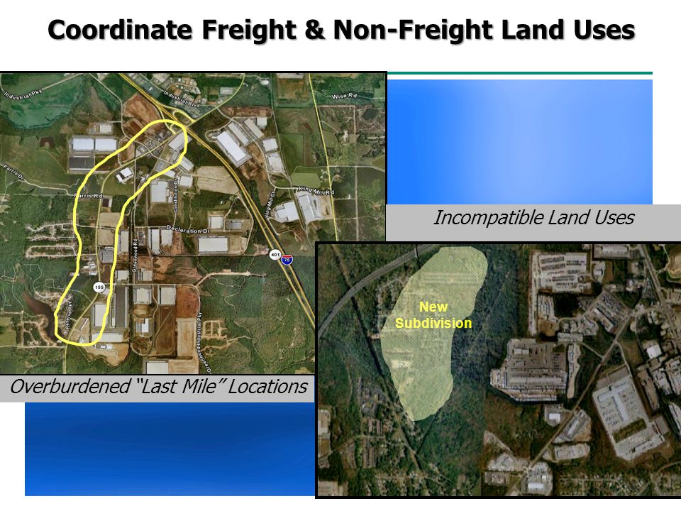 Coordinate Freight & Non-Freight Land Uses Incompatible Land Uses Overburdened Last Mile Locations New Subdivision