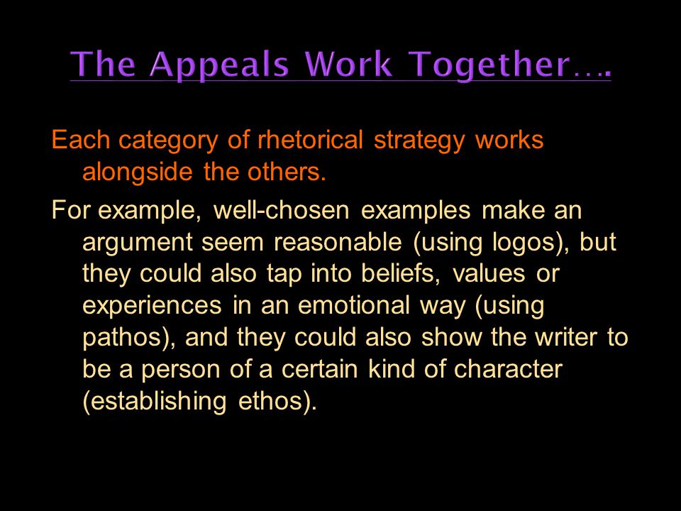 Each category of rhetorical strategy works alongside the others.