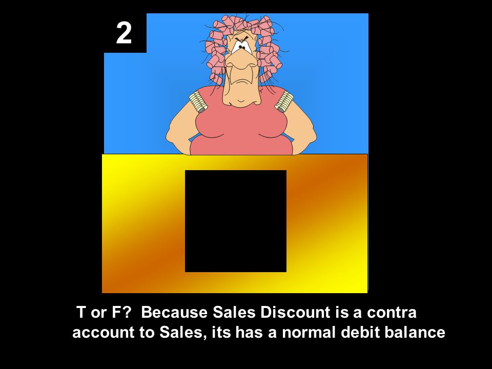 2 T or F Because Sales Discount is a contra account to Sales, its has a normal debit balance