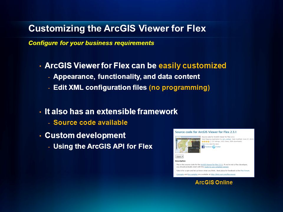 Customizing the ArcGIS Viewer for Flex Configure for your business requirements ArcGIS Viewer for Flex can be easily customized - Appearance, functionality, and data content - Edit XML configuration files (no programming) It also has an extensible framework - Source code available Custom development - Using the ArcGIS API for Flex ArcGIS Online