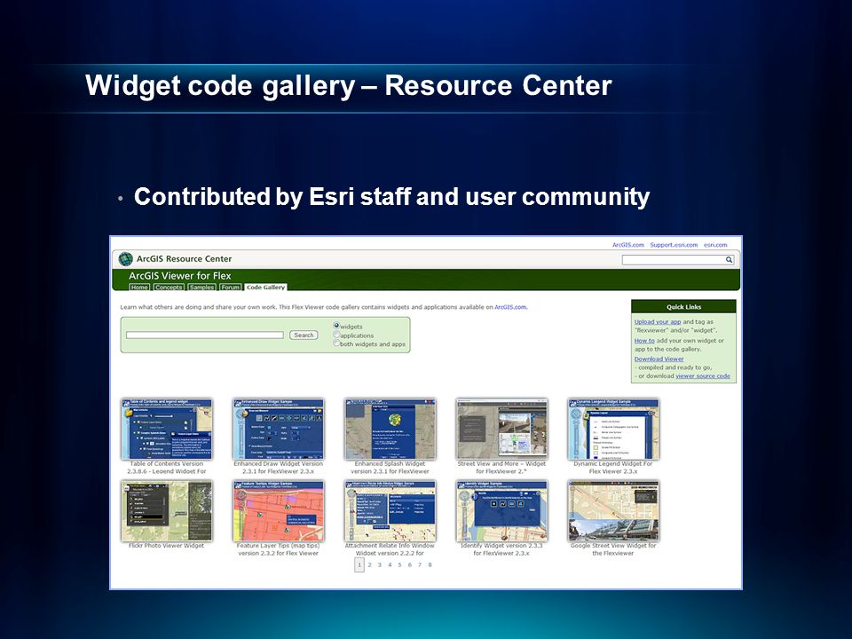 Widget code gallery – Resource Center Contributed by Esri staff and user community