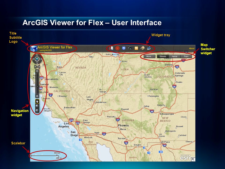 ArcGIS Viewer for Flex – User Interface Title Subtitle Logo Widget tray Scalebar Navigation widget Map Switcher widget
