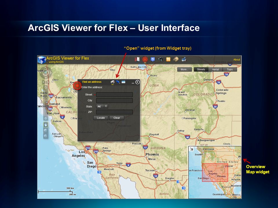 ArcGIS Viewer for Flex – User Interface Overview Map widget Open widget (from Widget tray)