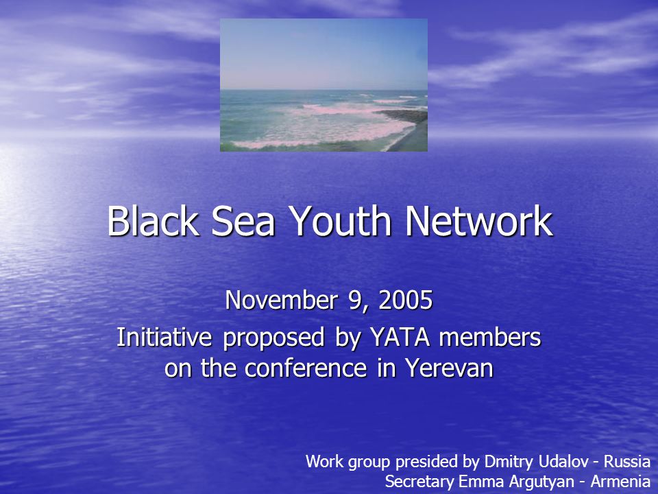 Black Sea Youth Network November 9, 2005 Initiative proposed by YATA members on the conference in Yerevan Work group presided by Dmitry Udalov - Russia Secretary Emma Argutyan - Armenia