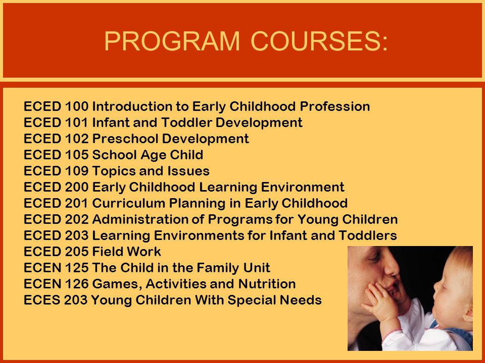 PROGRAM COURSES: ECED 100 Introduction to Early Childhood Profession ECED 101 Infant and Toddler Development ECED 102 Preschool Development ECED 105 School Age Child ECED 109 Topics and Issues ECED 200 Early Childhood Learning Environment ECED 201 Curriculum Planning in Early Childhood ECED 202 Administration of Programs for Young Children ECED 203 Learning Environments for Infant and Toddlers ECED 205 Field Work ECEN 125 The Child in the Family Unit ECEN 126 Games, Activities and Nutrition ECES 203 Young Children With Special Needs