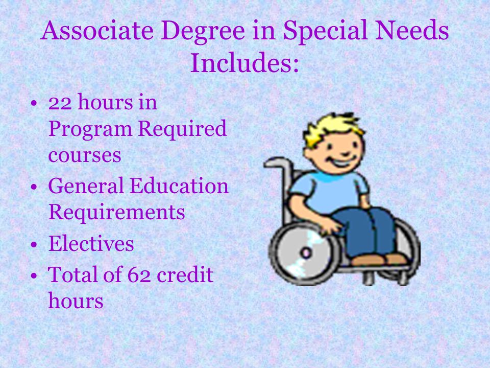 Associate Degree in Special Needs Includes: 22 hours in Program Required courses General Education Requirements Electives Total of 62 credit hours