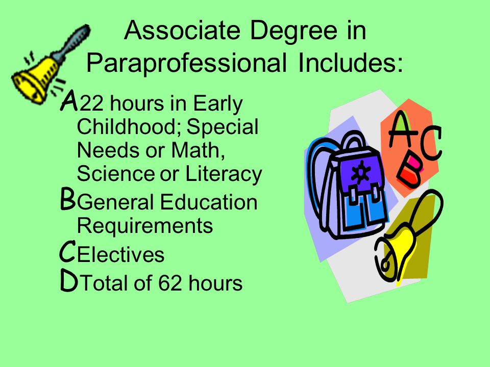 Associate Degree in Paraprofessional Includes: A 22 hours in Early Childhood; Special Needs or Math, Science or Literacy B General Education Requirements C Electives D Total of 62 hours