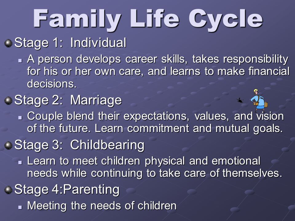Family Life Cycle Stage 1: Individual A person develops career skills, takes responsibility for his or her own care, and learns to make financial decisions.