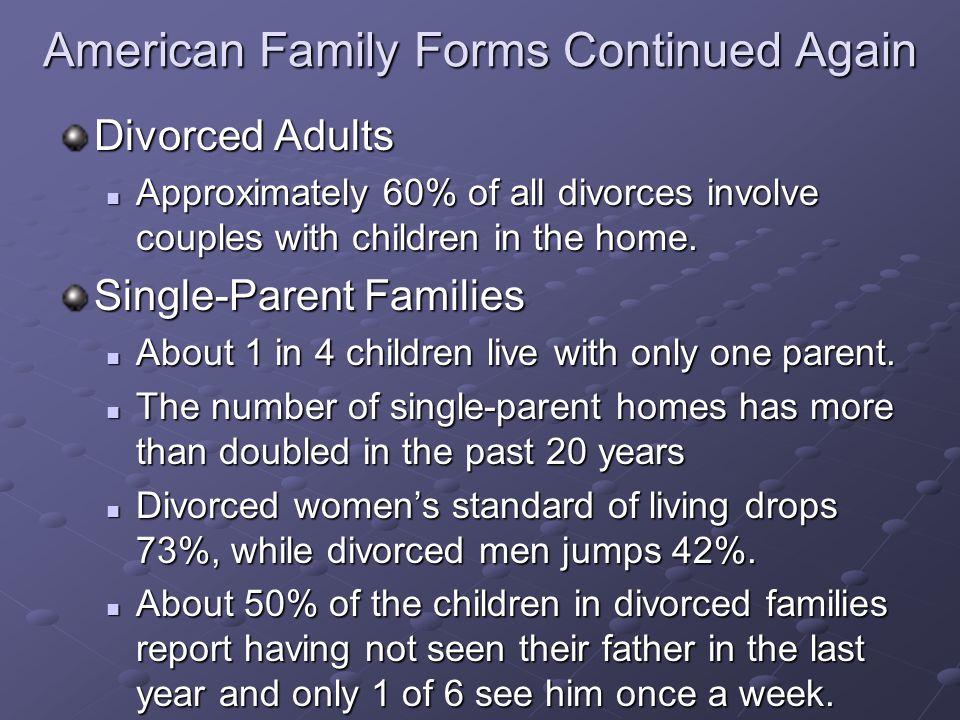 Divorced Adults Approximately 60% of all divorces involve couples with children in the home.