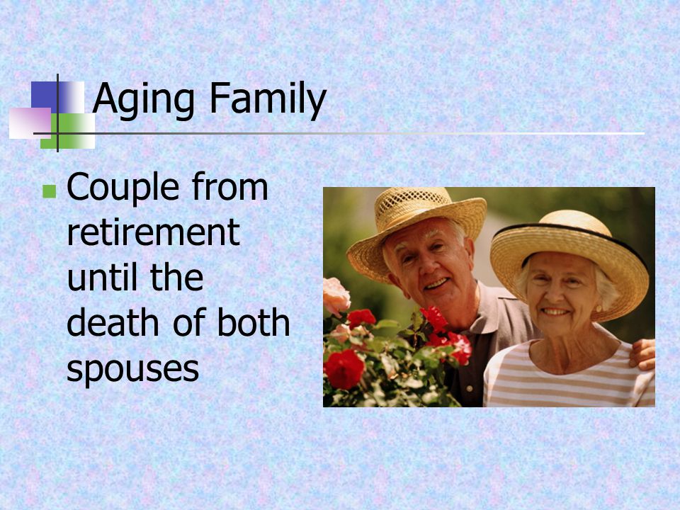 Aging Family Couple from retirement until the death of both spouses