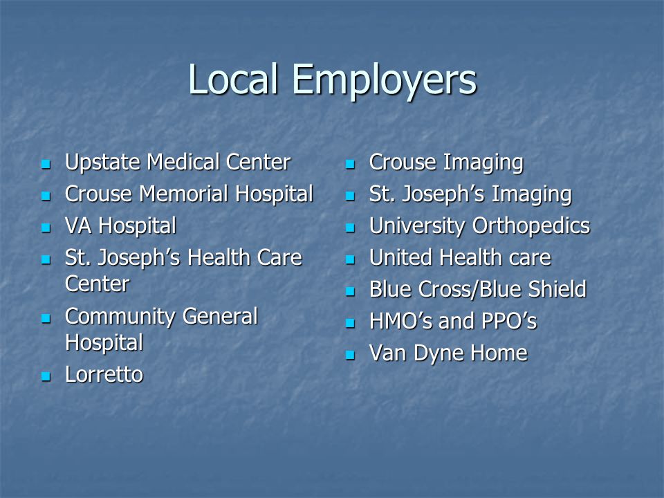 Local Employers Upstate Medical Center Upstate Medical Center Crouse Memorial Hospital Crouse Memorial Hospital VA Hospital VA Hospital St.