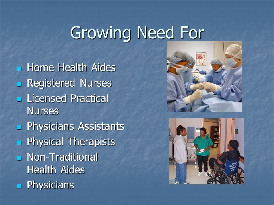 Growing Need For Home Health Aides Home Health Aides Registered Nurses Registered Nurses Licensed Practical Nurses Licensed Practical Nurses Physicians Assistants Physicians Assistants Physical Therapists Physical Therapists Non-Traditional Health Aides Non-Traditional Health Aides Physicians Physicians