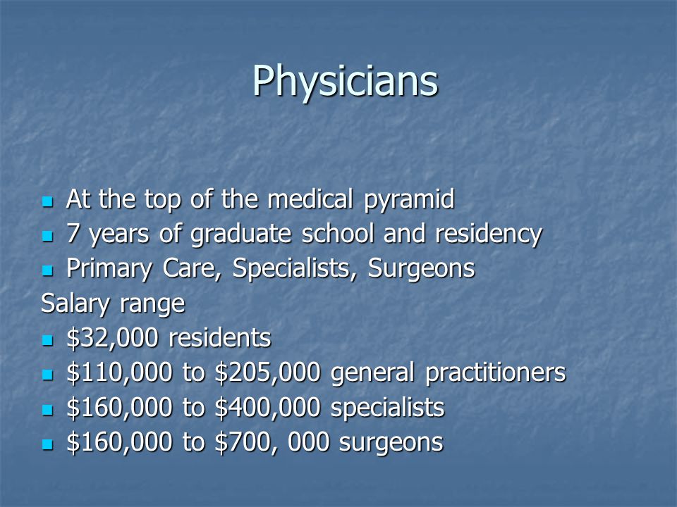 Physicians Physicians At the top of the medical pyramid At the top of the medical pyramid 7 years of graduate school and residency 7 years of graduate school and residency Primary Care, Specialists, Surgeons Primary Care, Specialists, Surgeons Salary range $32,000 residents $32,000 residents $110,000 to $205,000 general practitioners $110,000 to $205,000 general practitioners $160,000 to $400,000 specialists $160,000 to $400,000 specialists $160,000 to $700, 000 surgeons $160,000 to $700, 000 surgeons
