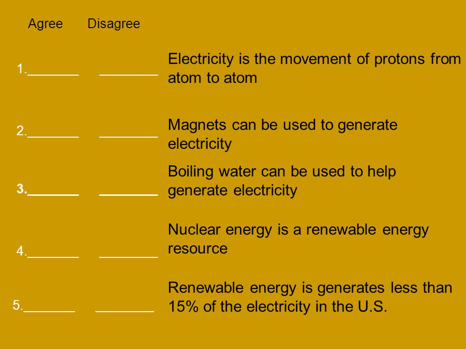 Agree Disagree 1._______ ________ 2._______ ________ 3._______ ________ 5._______ ________ 4._______ ________ Electricity is the movement of protons from atom to atom Magnets can be used to generate electricity Boiling water can be used to help generate electricity Nuclear energy is a renewable energy resource Renewable energy is generates less than 15% of the electricity in the U.S.