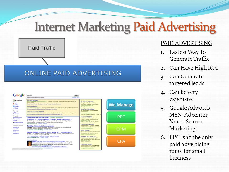 Internet Marketing Paid Advertising PAID ADVERTISING 1.Fastest Way To Generate Traffic 2.Can Have High ROI 3.Can Generate targeted leads 4.Can be very expensive 5.Google Adwords, MSN Adcenter, Yahoo Search Marketing 6.PPC isn’t the only paid advertising route for small business