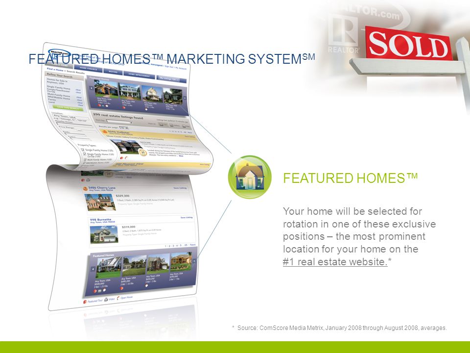 FEATURED HOMES™ MARKETING SYSTEM SM FEATURED HOMES™ Your home will be selected for rotation in one of these exclusive positions – the most prominent location for your home on the #1 real estate website.* * Source: ComScore Media Metrix, January 2008 through August 2008, averages.