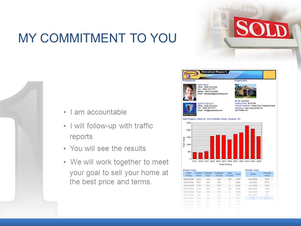 MY COMMITMENT TO YOU I am accountable I will follow-up with traffic reports You will see the results We will work together to meet your goal to sell your home at the best price and terms.