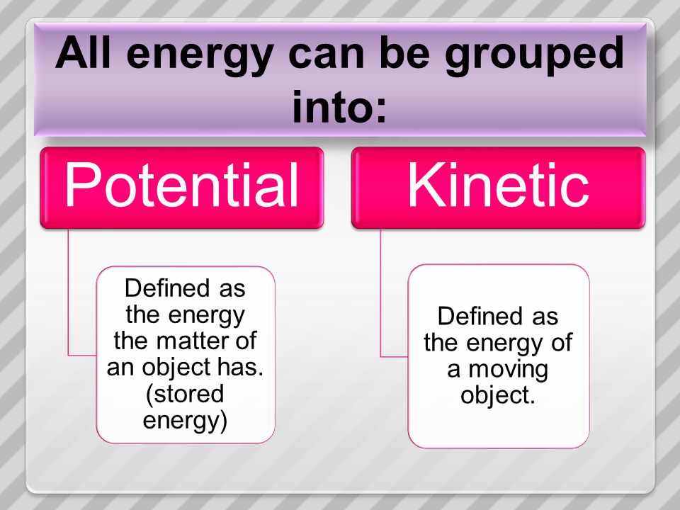 All energy can be grouped into: Potential Defined as the energy the matter of an object has.