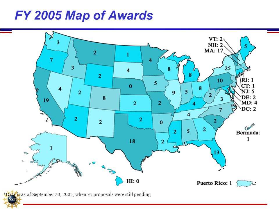 FY 2005 Map of Awards *Data is as of September 20, 2005, when 35 proposals were still pending