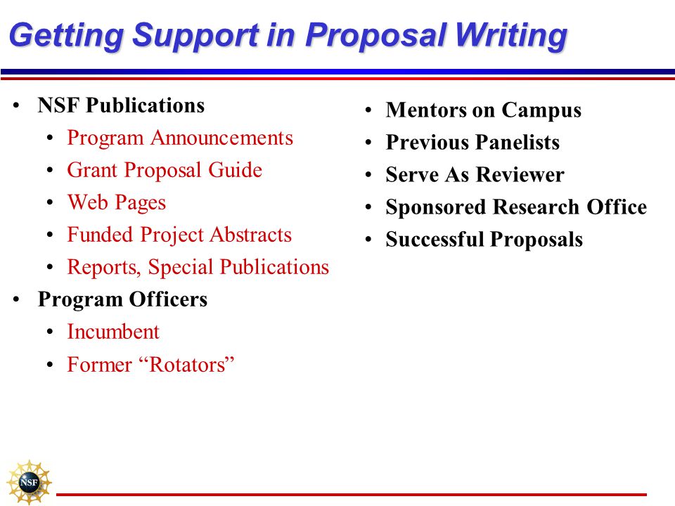 Getting Support in Proposal Writing NSF Publications Program Announcements Grant Proposal Guide Web Pages Funded Project Abstracts Reports, Special Publications Program Officers Incumbent Former Rotators Mentors on Campus Previous Panelists Serve As Reviewer Sponsored Research Office Successful Proposals