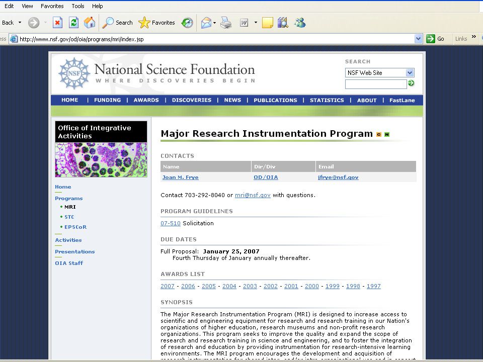 NSF Office of Integrative Activities Major Research Instrumentation Program November 2007