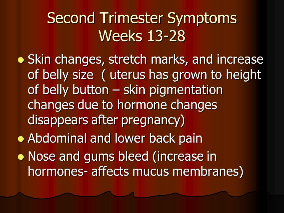 Second Trimester Symptoms Weeks Skin changes, stretch marks, and increase of belly size ( uterus has grown to height of belly button – skin pigmentation changes due to hormone changes disappears after pregnancy) Skin changes, stretch marks, and increase of belly size ( uterus has grown to height of belly button – skin pigmentation changes due to hormone changes disappears after pregnancy) Abdominal and lower back pain Abdominal and lower back pain Nose and gums bleed (increase in hormones- affects mucus membranes) Nose and gums bleed (increase in hormones- affects mucus membranes)