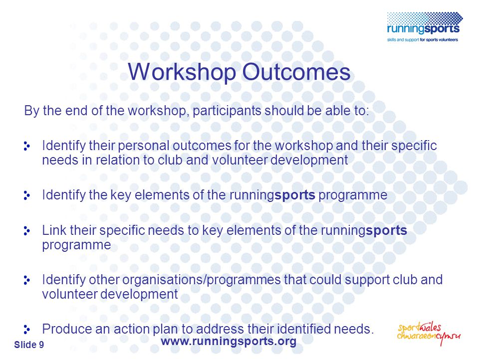 Slide 9 Workshop Outcomes By the end of the workshop, participants should be able to: Identify their personal outcomes for the workshop and their specific needs in relation to club and volunteer development Identify the key elements of the runningsports programme Link their specific needs to key elements of the runningsports programme Identify other organisations/programmes that could support club and volunteer development Produce an action plan to address their identified needs.