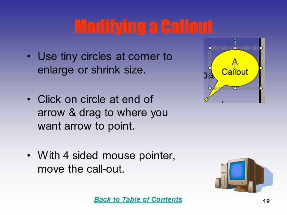 Back to Table of Contents 19 Modifying a Callout Use tiny circles at corner to enlarge or shrink size.