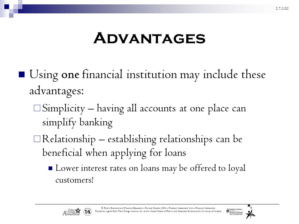 1.7.3.G1 © Family Economics & Financial Education – Revised October 2004 – Financial Institutions Unit – Financial Institutions Funded by a grant from Take Charge America, Inc.