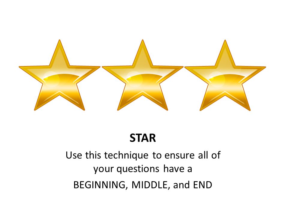 STAR Use this technique to ensure all of your questions have a BEGINNING, MIDDLE, and END