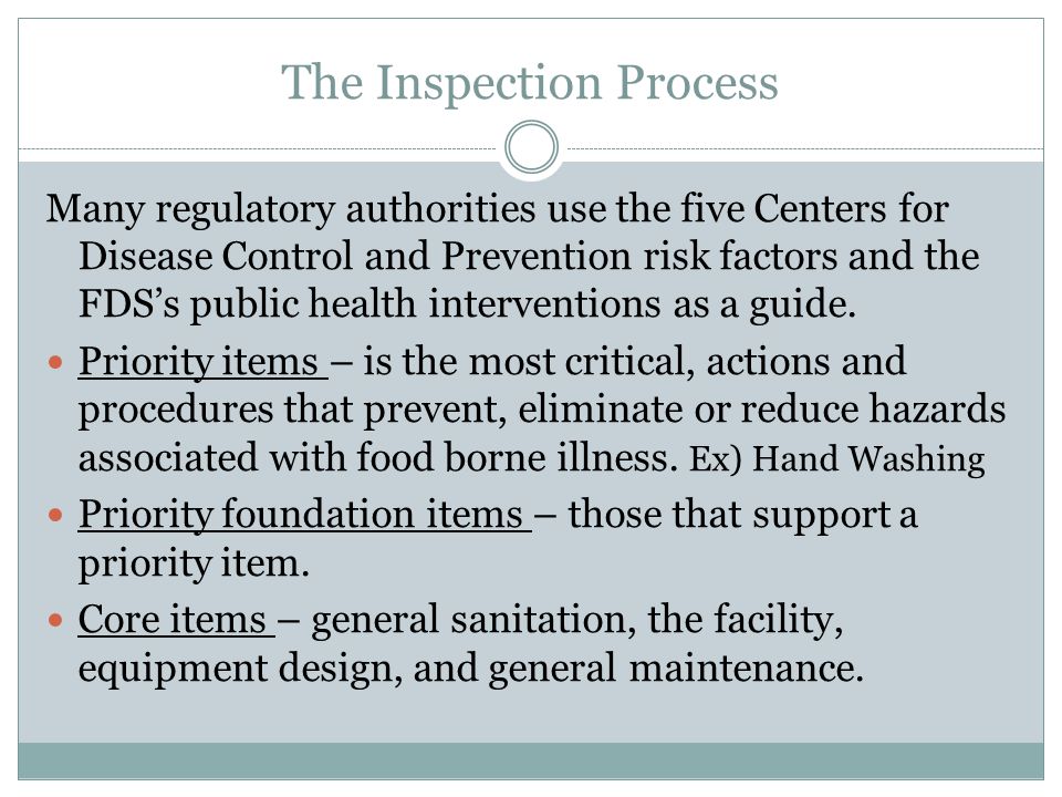 The Inspection Process Many regulatory authorities use the five Centers for Disease Control and Prevention risk factors and the FDS’s public health interventions as a guide.