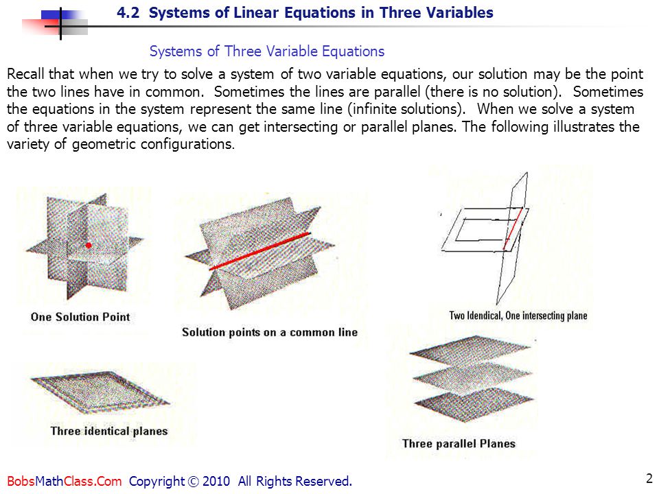 4 2 Systems Of Linear Equations In Three Variables Bobsmathclass 4 2 Systems Of Linear Equations In Three Variables Bobsmathclass Com Copyright 2010 All Rights