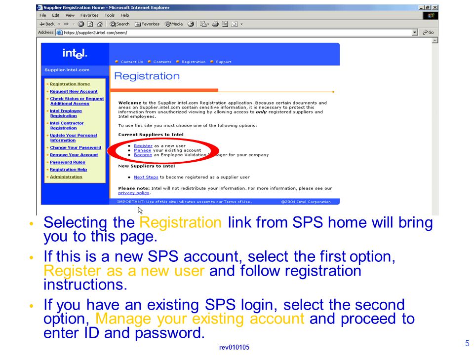 5  Selecting the Registration link from SPS home will bring you to this page.