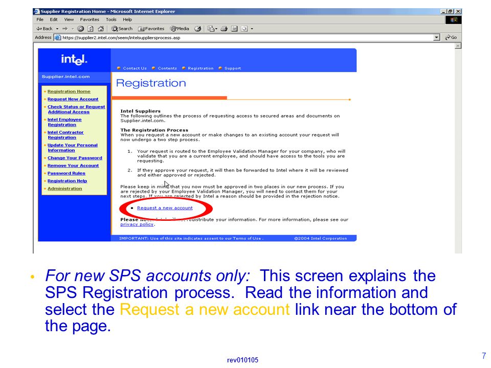 rev  For new SPS accounts only: This screen explains the SPS Registration process.