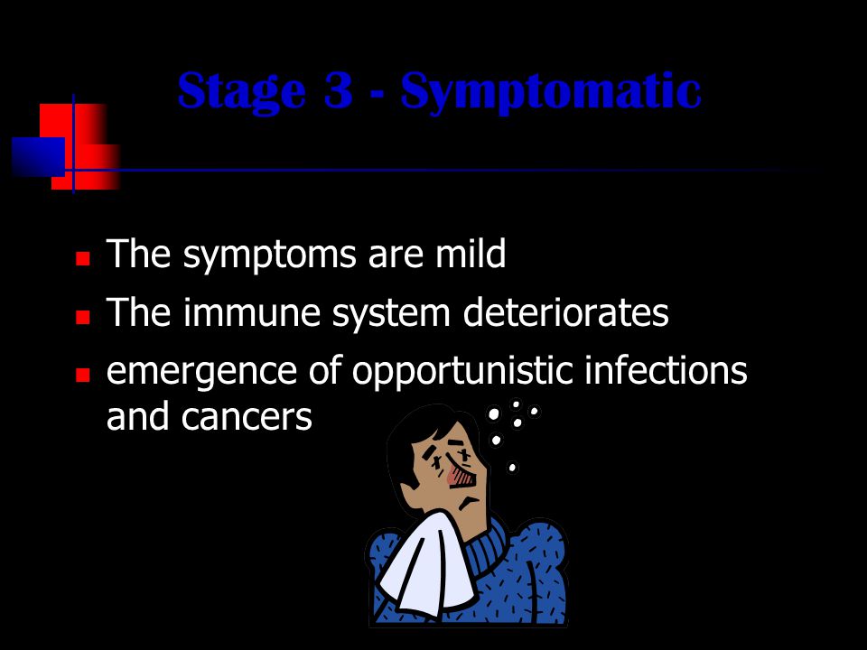 Stage 2 - Asymptomatic Lasts for an average of ten years This stage is free from symptoms There may be swollen glands The level of HIV in the blood drops to very low levels HIV antibodies are detectable in the blood